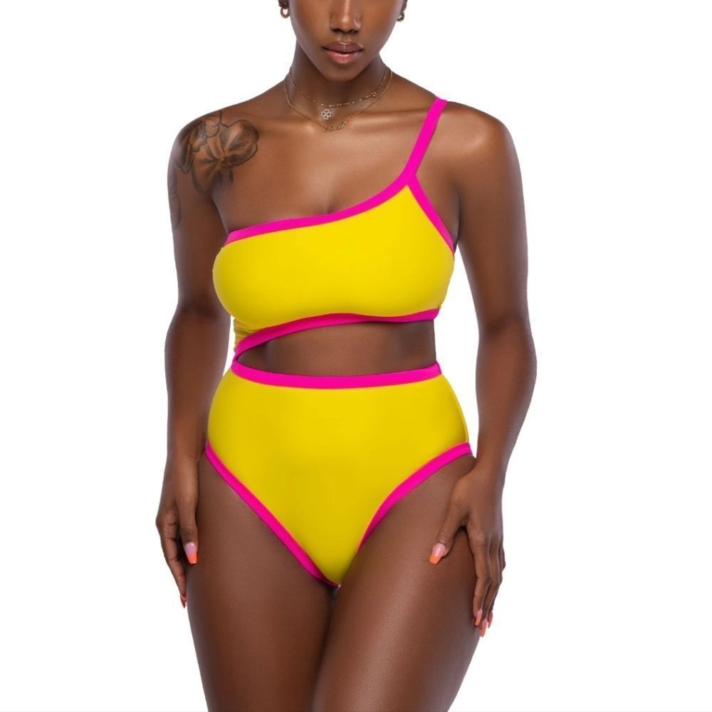 Neon Yellow & Pink One-Shoulder Cutout Swimsuit